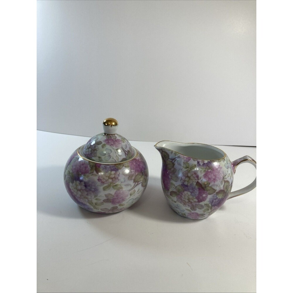 Porcelain Purple & Pink Creamer And Sugar Set Hydrangeas Design With Gold Trim